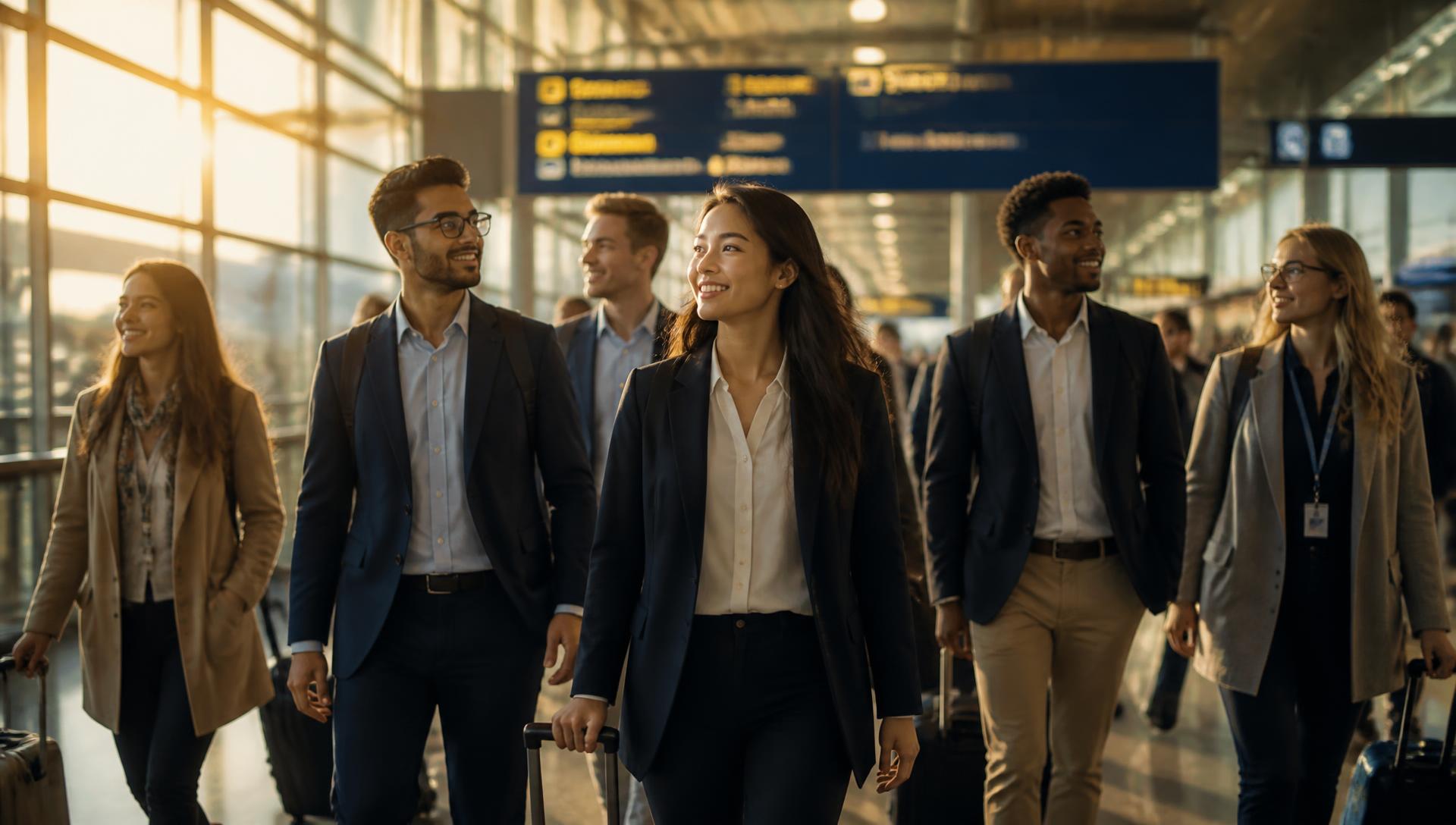 International students and professionals arriving at an airport terminal